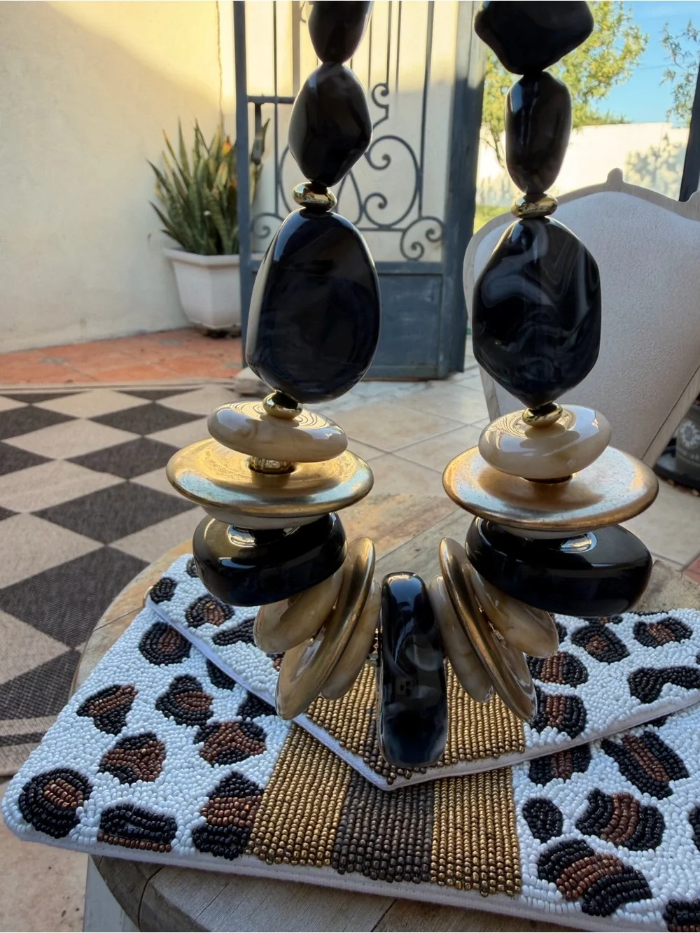 Statement Necklace & Beaded Leopard Clutch Set Black Gold Cream
